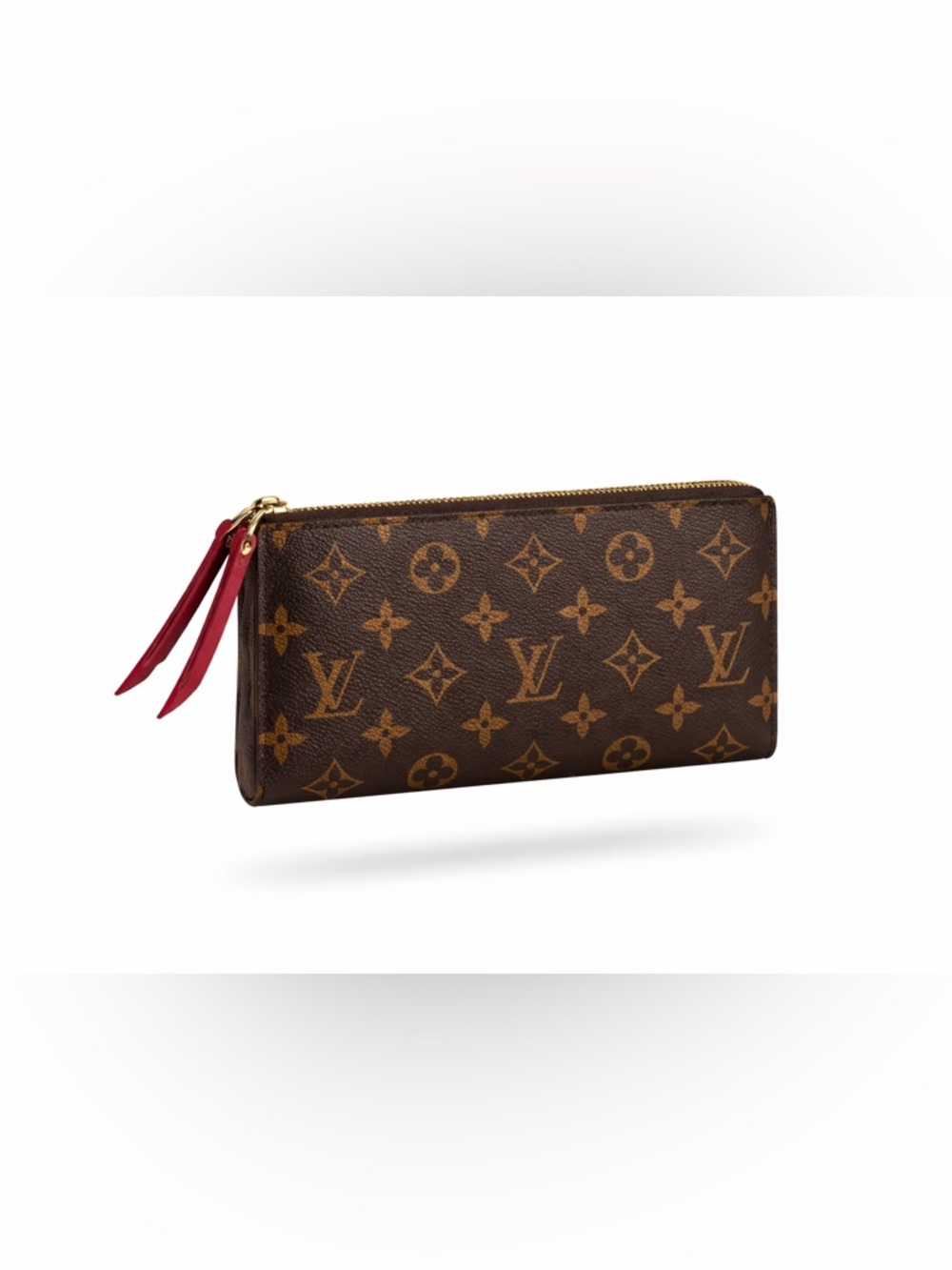 Authentic!  Louis Vuitton Monogram Zip Double Wallet in Brown with Red Pulls